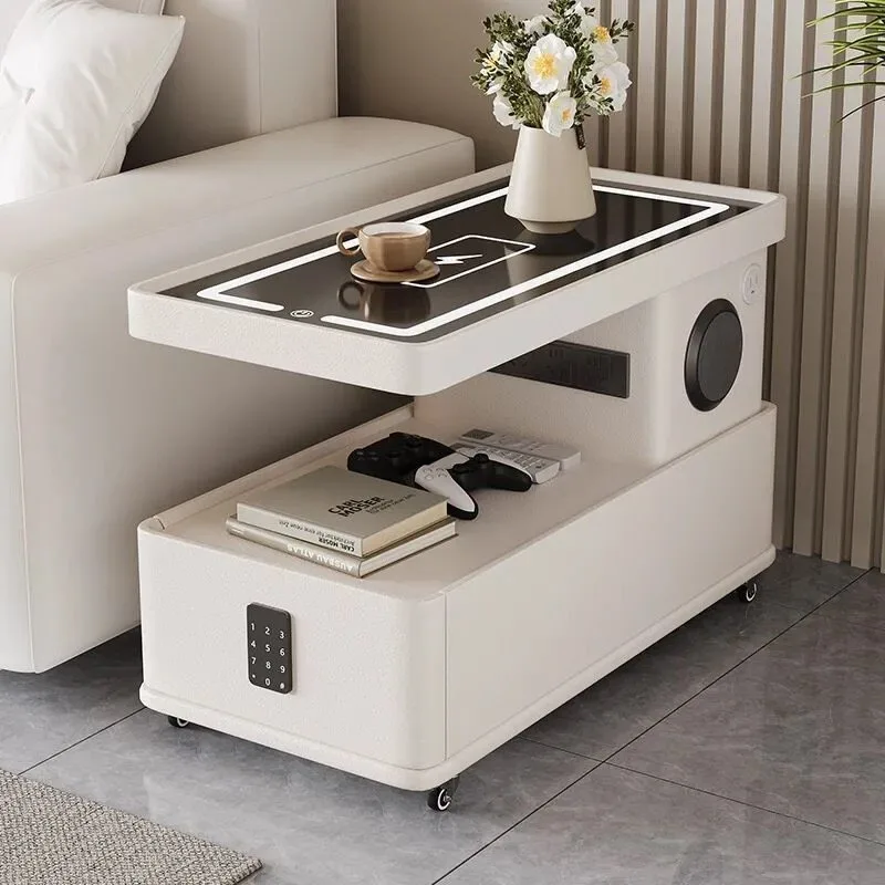 Solid Wood Mobile Coffee Table Small Apartment Wireless Charging Side Cabinet Bluetooth Speaker with USB Socket Sofa Side Cart