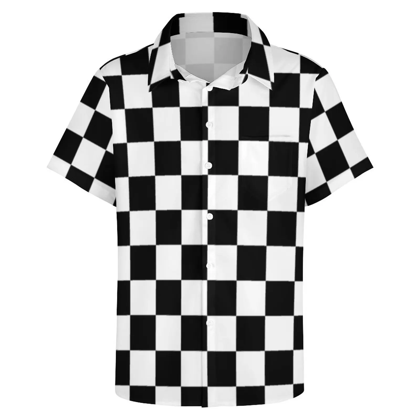 Black Checkerboard Casual Shirts Classic Black White Checker Beach Shirt Hawaiian Y2K Blouses Man Print Clothing Plus Size 4XL