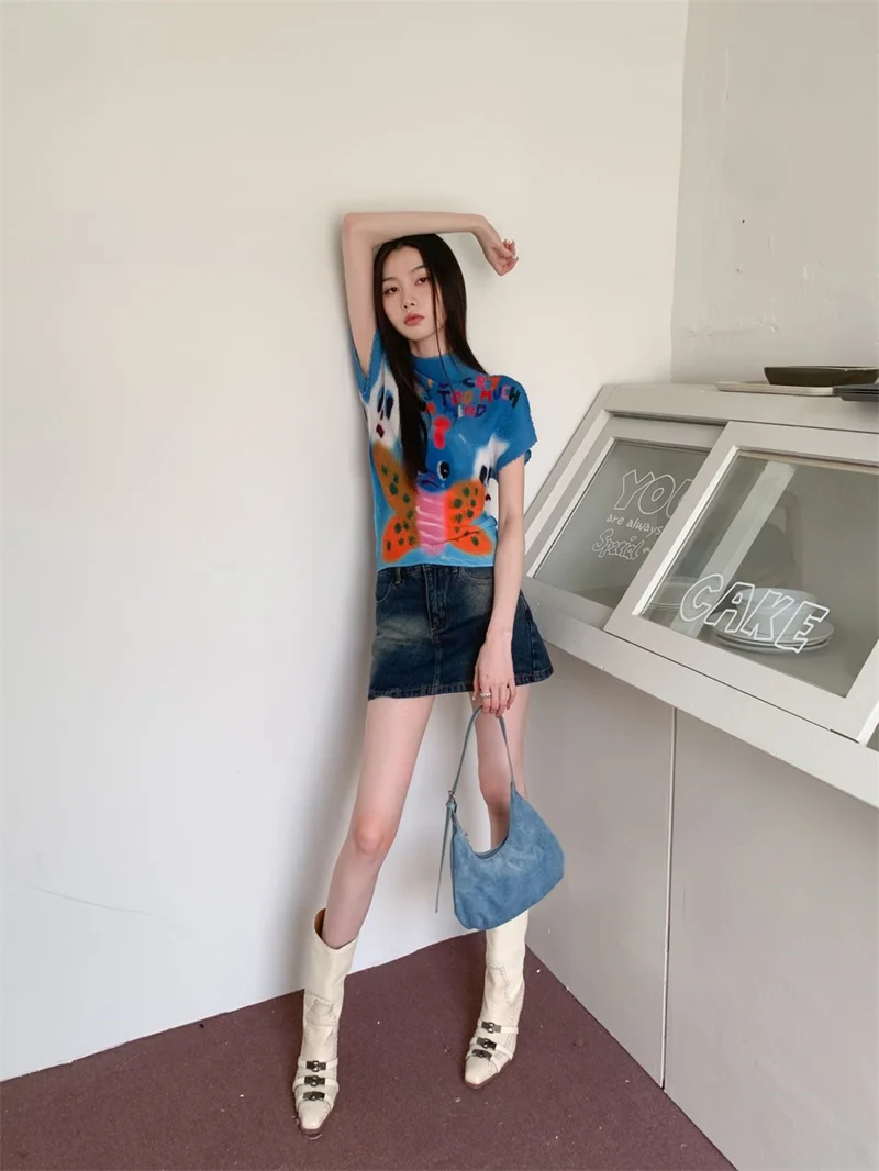 CHEERART Cyber Y2k Style Pleats Short Graphic T Shirts For Women Letter Print Tees Crew Neck Blue Summer Top Aesthetic Clothes