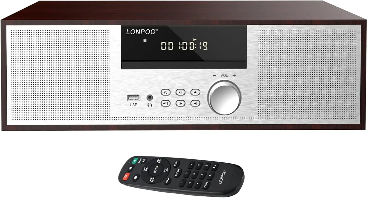 Vintage Stereo Shelf System with Bluetooth, FM Radio, USB MP3 Playback, Aux-in & Remote Control for Home Audio