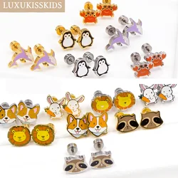 LUXUKISSKIDS Cute Girls's Tiny Earrings Acrylic Childlike Animals Piercing Small Butterfly Stainless Steel Penguin серьги Studs