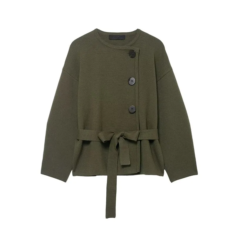 

Women's Coat 2025 Winter New Style, Military Green Long-Sleeve Single-Breasted Knit Coat with Belt Unique Fashion Elegant Temper