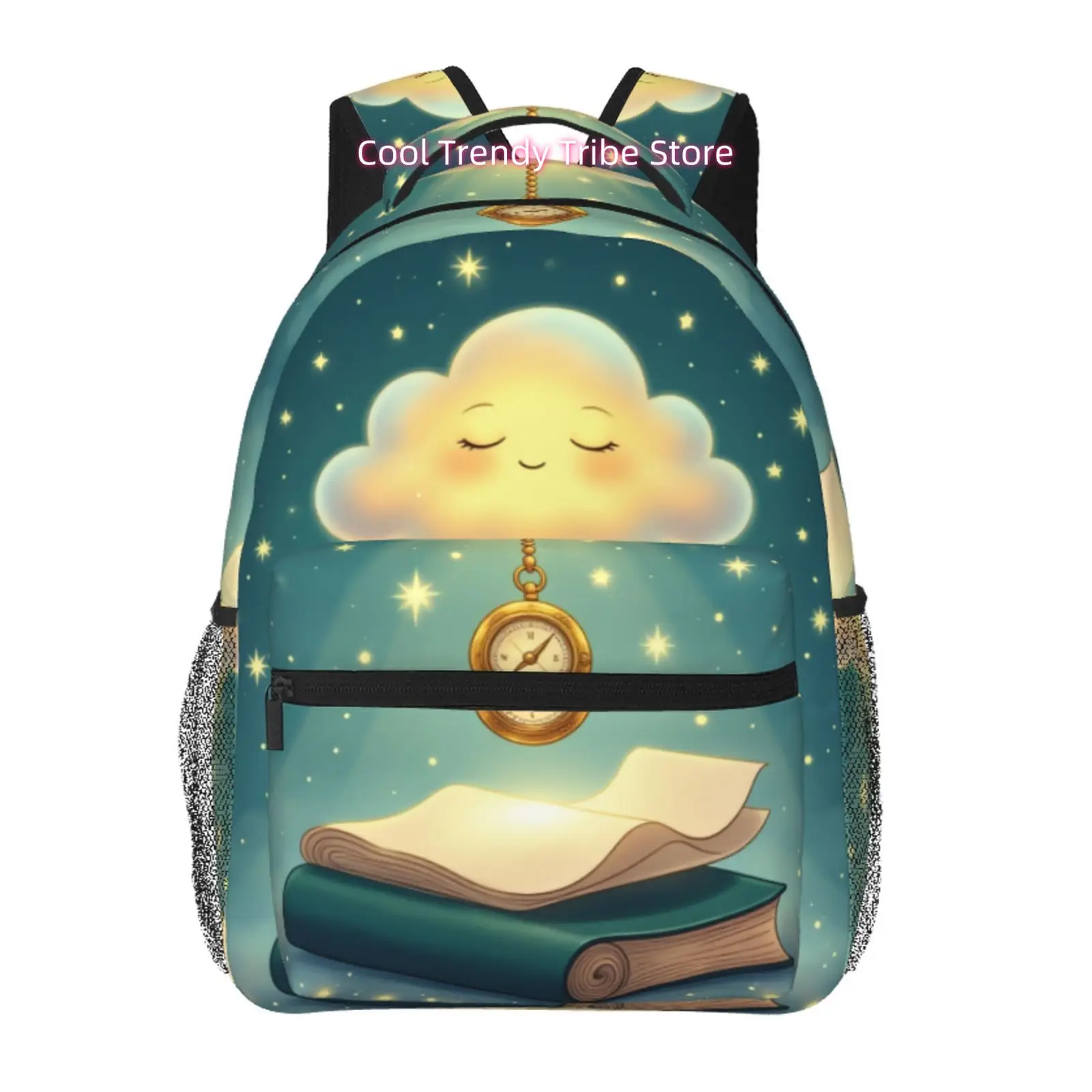 Cute Smiling Cloud Backpack with Books & Compass Print - High Quality Oxford Cloth, Adjustable Straps & Zipper Closure Suitable