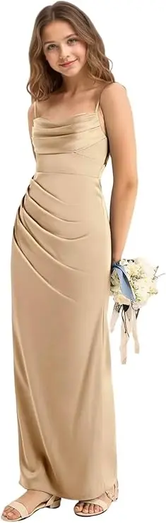 

Snvdzo Flower Girls Satin A-Line Pleated Long Dress With Slit For Wedding Birthday Evening Party Prom Banquet Gown 2026
