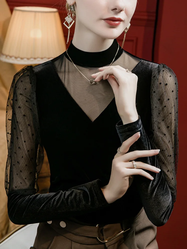 클래식 무용 공연 및 무대 연습복, 라틴 댄스 라인 탑용 메쉬 패치워크 하이넥 퍼프 소매 슬림핏 탑