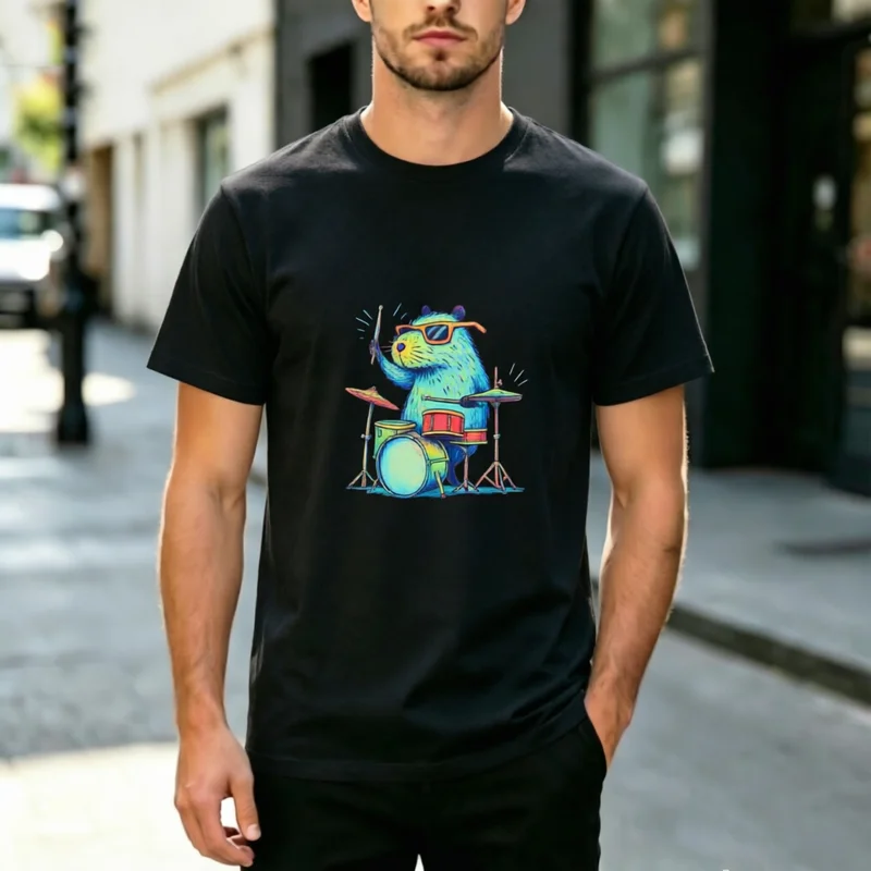 Trendy Cool Animal Rock Band Sketch Art Drum Kit Playing Capybara Graphic Tee Cotton Daily Concert Casual Short Sleeve T Shirt