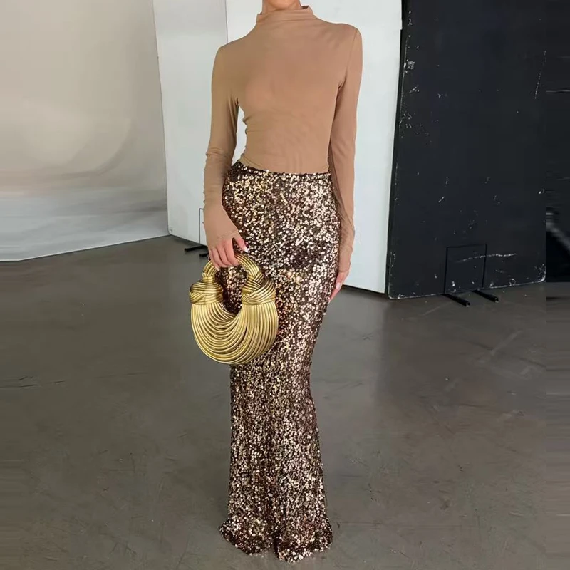 

Элегантные простые блестящие вечерние костюмы из двух предметов, новые водолазки, топы с длинными рукавами и юбки с блестками, модные тонкие женские наряды для вечеринок