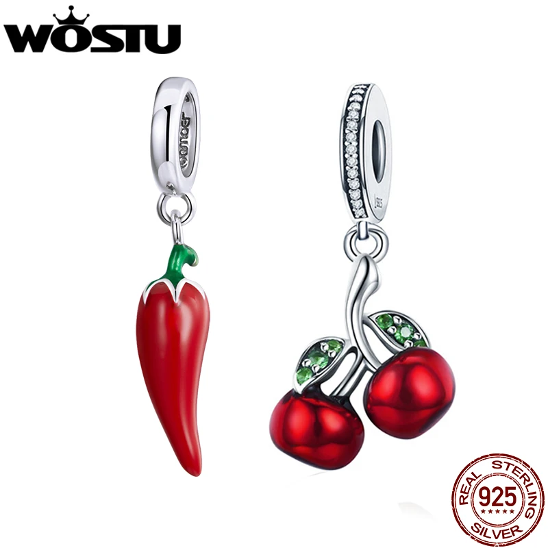 WOSTU 925 Sterling Silver Charms Petite Little Peppers Bead Red Pendant Fit Original Bracelet Necklace For Women Jewelry CTC461