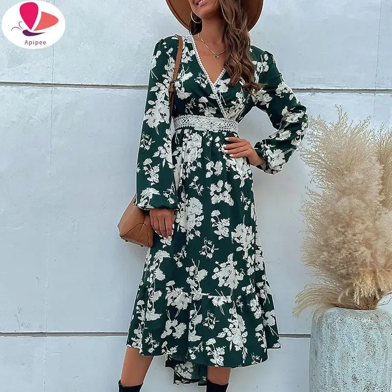 

APIPEE Ruffle Hem Long Sleeve Printed Asymmetrical Dress Vestido Feminino Dresses For Women 2024 Autumn Winter