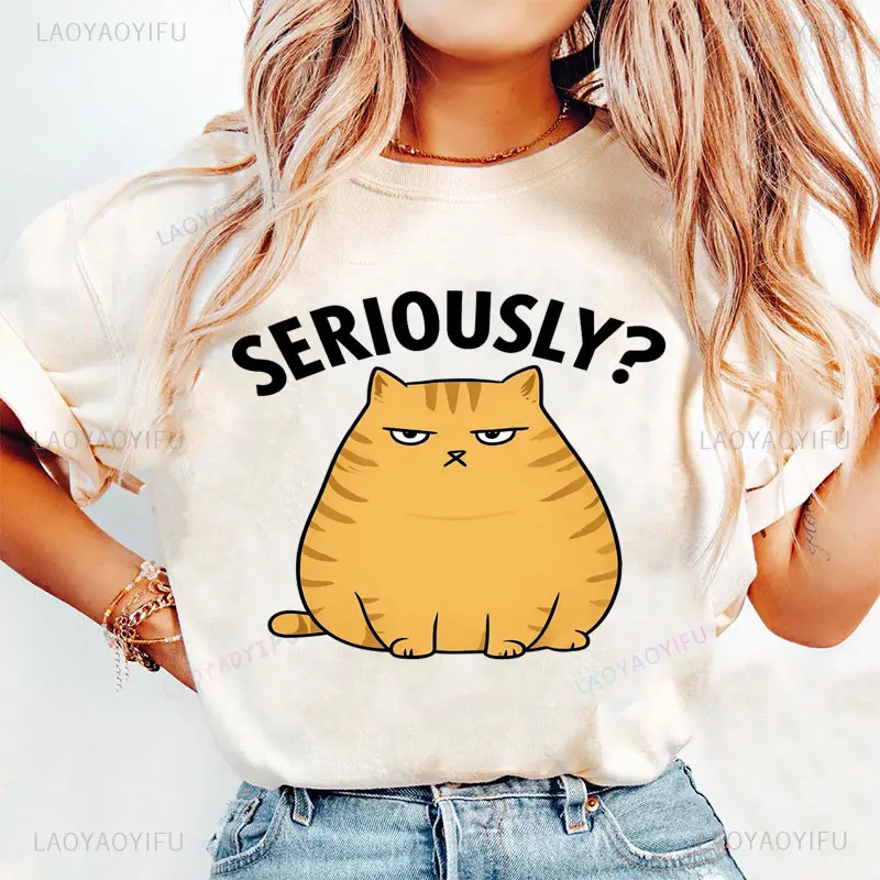 

New Arrival Cute Cats Kawaii "seriously" Cat Graphic T-Shirts Cotton CrewNeck Summer Short Sleeve Cat Design Women Clothes