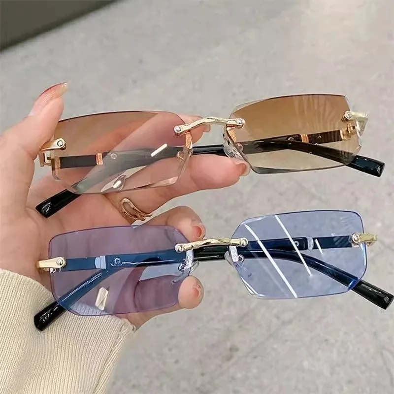 Rimless Rectangle Sunglasses, UV400 Protection Y2K Frameless Fashion Retro Eyewear for Women & Men