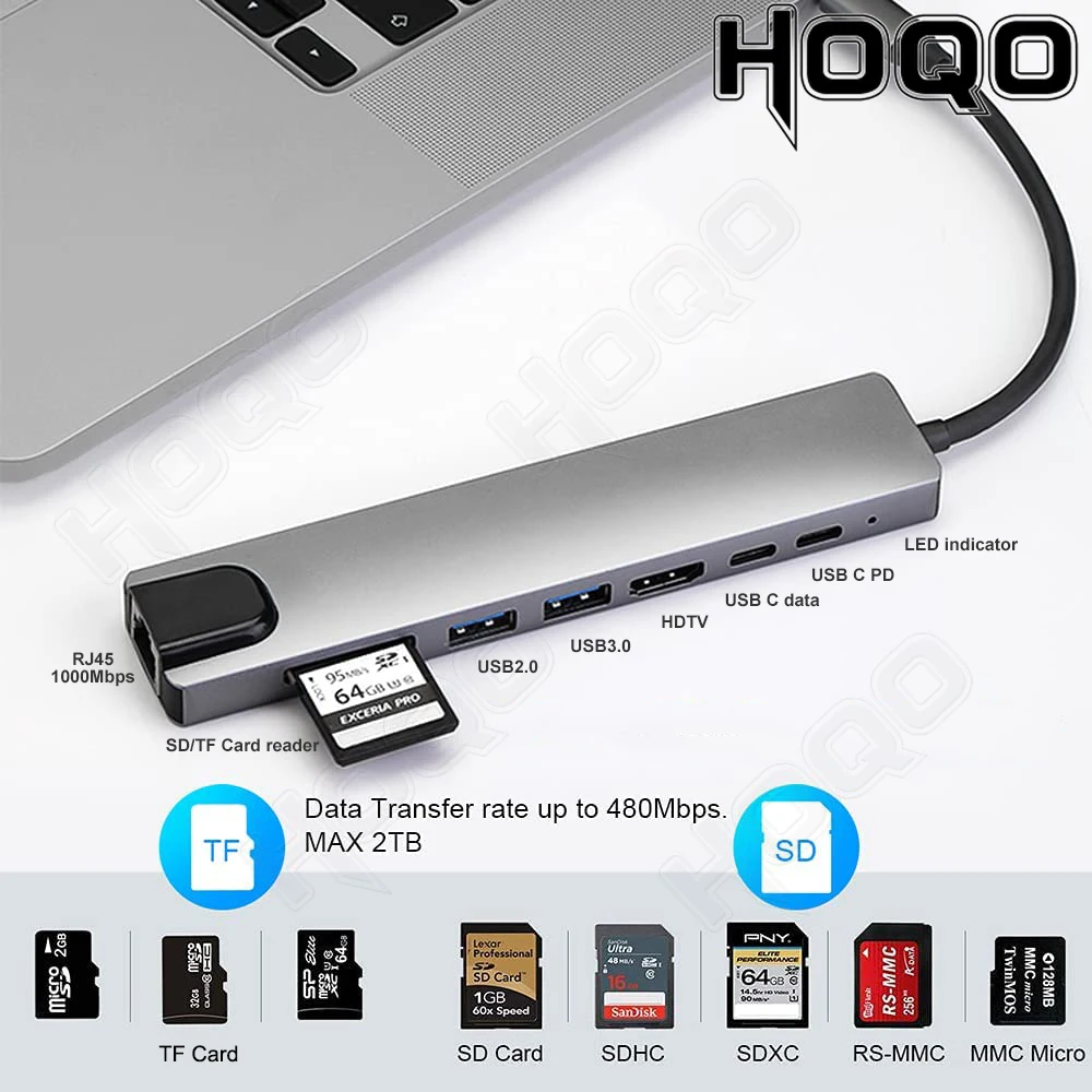 

Концентратор 8 в 1, 8-портовая док-станция RJ45, HDMI 4K TF/SD-карта, разветвитель USB3.0 Type-C для ноутбука Macbook, адаптер PD Charge