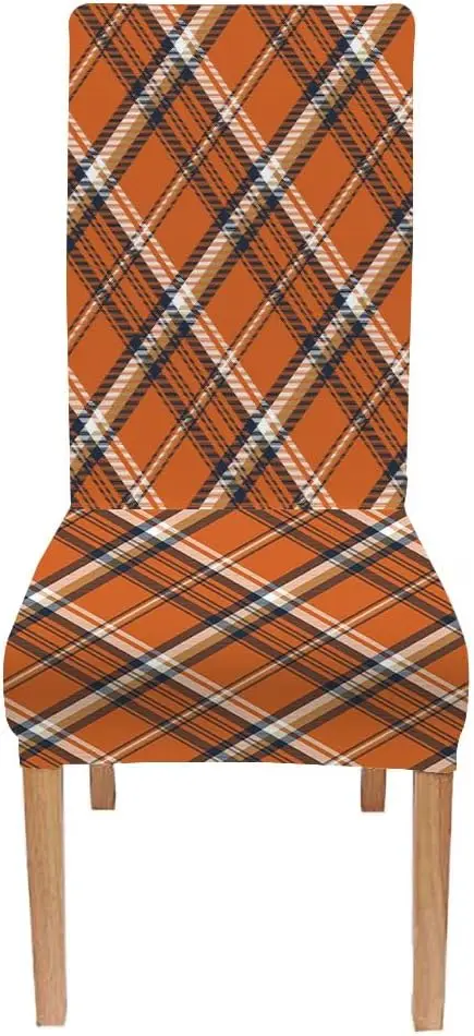 Orange Check Plaid Stretch Dining Chair Cover 1Pc, Removable Slipcover Anti-dust Seat Protector for Kitchen Party