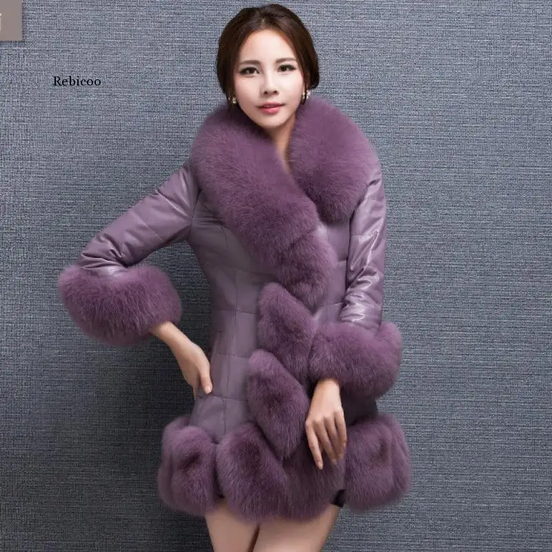 คุณภาพสูง Faux Fox ขนสัตว์ Sheepskin หนังแจ็คเก็ตผู้หญิงเสื้อกระโปรง90% สีขาวห่านลงเสื้อแจ็คเก็ตสตรีฤดูหนาว