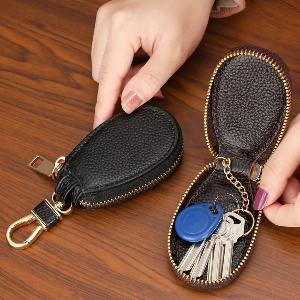 Solid Color Zipper Closure PU Car Key Storage Bag Key Ring Durable Compact Coin Purse Bag Charm Ornament Key Holder Household