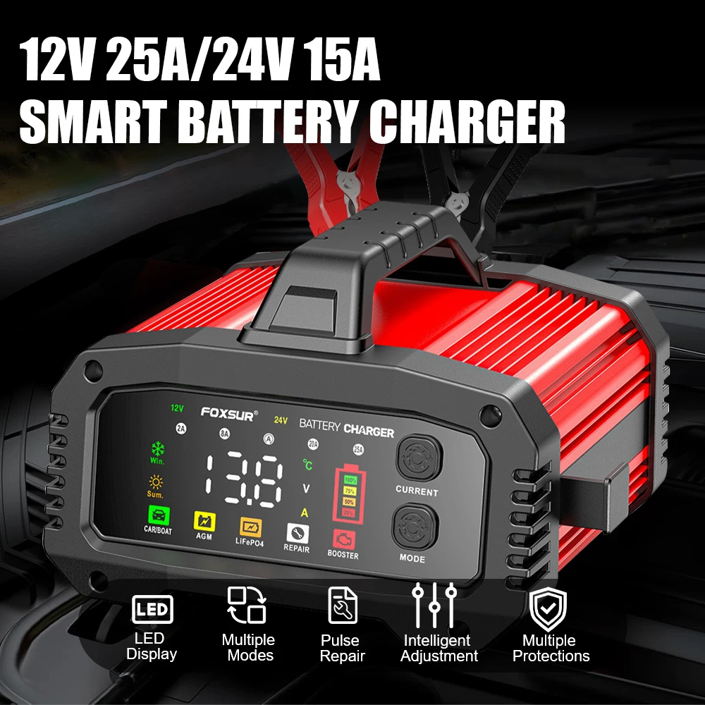 Smart Car Battery Charger 25A/15A Car Booster Pulse Repair Portable for 12V-24V Motorcycle Lead Acid AGM GEL LiFePo4 Batteries