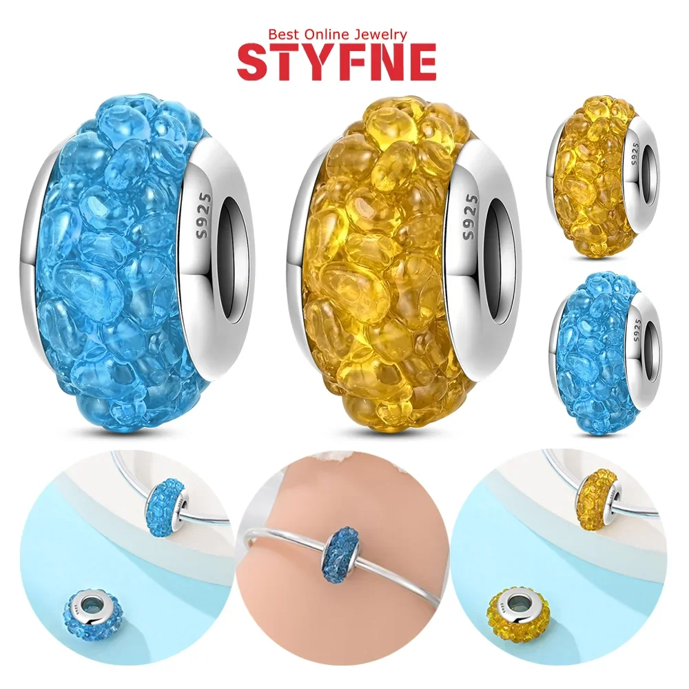 

Charms 925 Silver Yellow Blue Murano Glass Beads Round Shining Charm Fit Original Bracelet DIY Exquisite Jewelry Gifts for Women