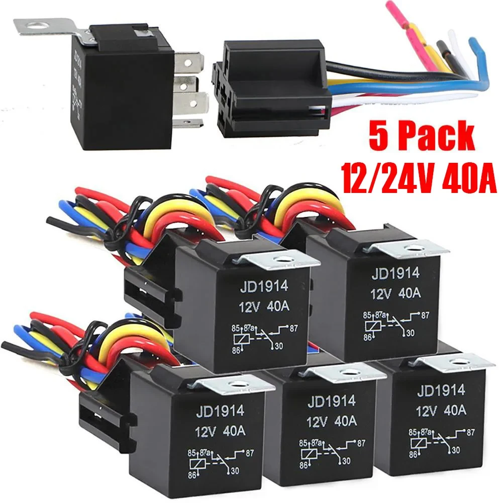 5Pcs Waterproof Automotive Relay 12V 24V 5Pin 40A Car Relay with Black Red Copper Terminal Auto Relay Socket SPDT Harness Cable