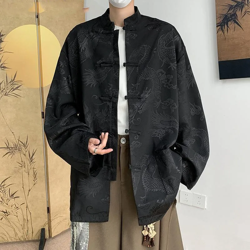 Chinese Vintage Tangzhuang Men Satin Jacquard Dragon Pattern Long Sleeve Shirt Mandarin Frog Button Traditional Costume