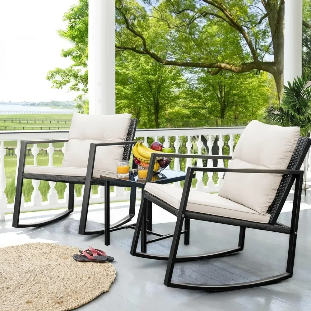 Patio Chairs Wicker Rocking Chair Outdoor Bistro Sets with Coffee Table and Cushions Metal Frame Patio Furniture