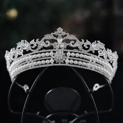 Luxury Silver Color Crystal Pearls Bridal Tiaras Crown Rhinestone Pageant Diadem Baroque Leaf Headbands Wedding Hair Accessories