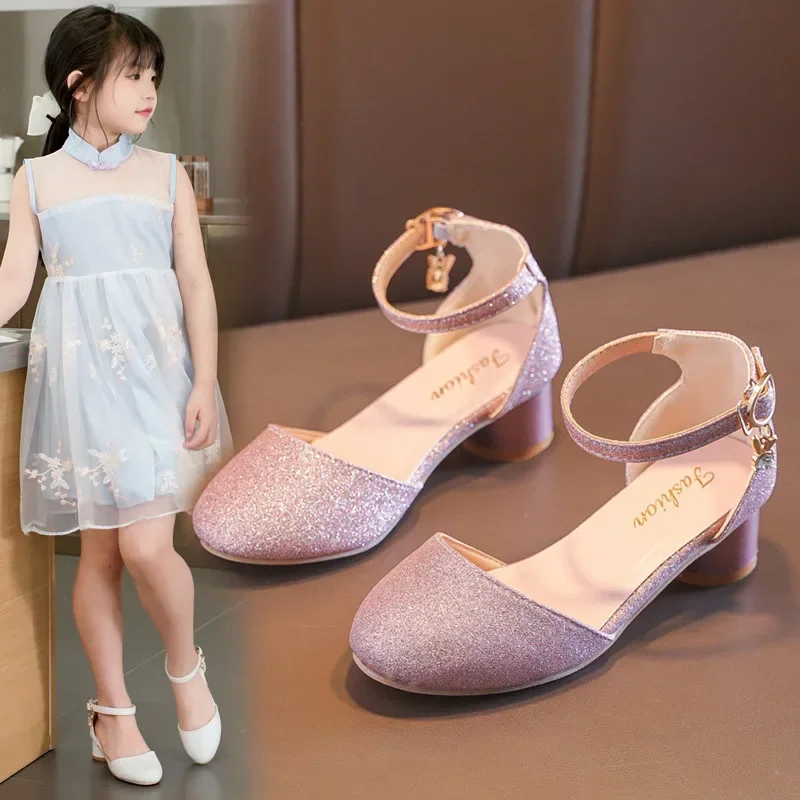 Medias sandalias para niñas, sandalias de Estilo Princesa para niños, tacones altos, punta en punta, novedad de verano 20225, zapatos de baile para niños, Chic y dulce