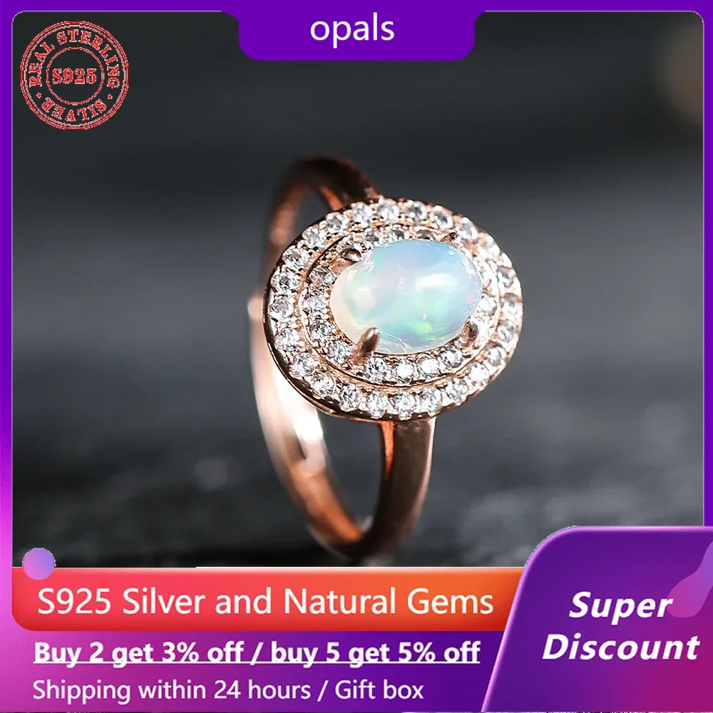 

S925 Silver Ring Natural Ore Sparkling Opal Stone Women's Ring Exquisite Luxury Jewelry Party Accessories Birthday Gift