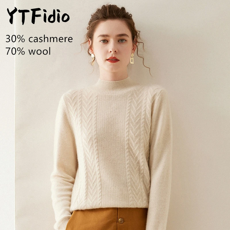 YTFidio-Suéter de lã merino feminino, pescoço simulado, macacões em V, malhas monocromáticas, pulôver casual, tops de manga comprida, 122