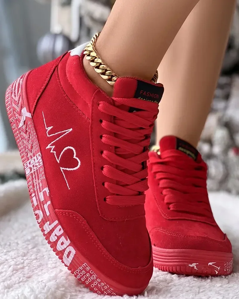 Sneakers Women's Heart Embroidery Lace-up Platform Women Vulcanized Shoes Sneakers Casual Shoes Graffiti Flat