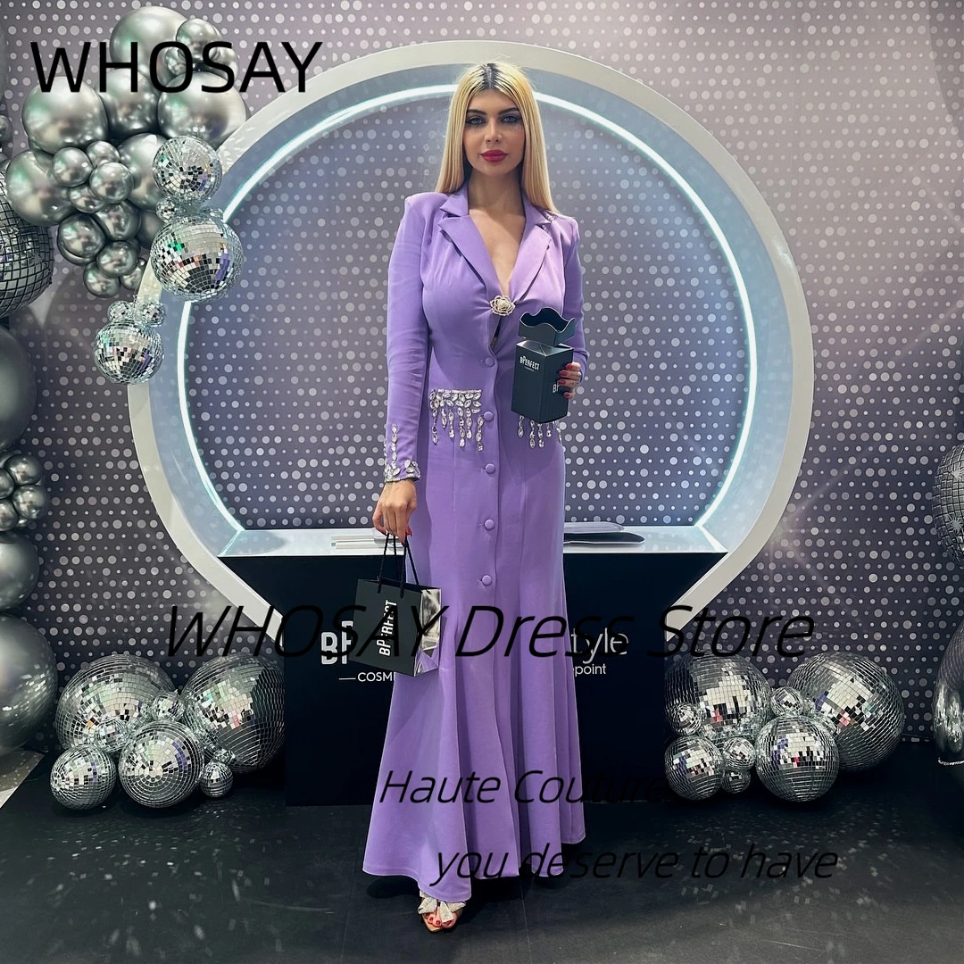 

WHOSAY Lapel V Neck Prom Dresses Long Sleeves Crystals Evening Party Dress with Buttons Vestidos Des Fiesta Customized
