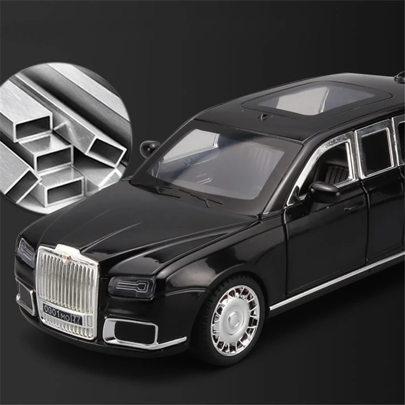 1/24 Aurus Senat Alloy Limousine Luxy Car Model Diecast Metal Bulletproof Vehicle Model Simulation Sound and Light Kids Toy Gift