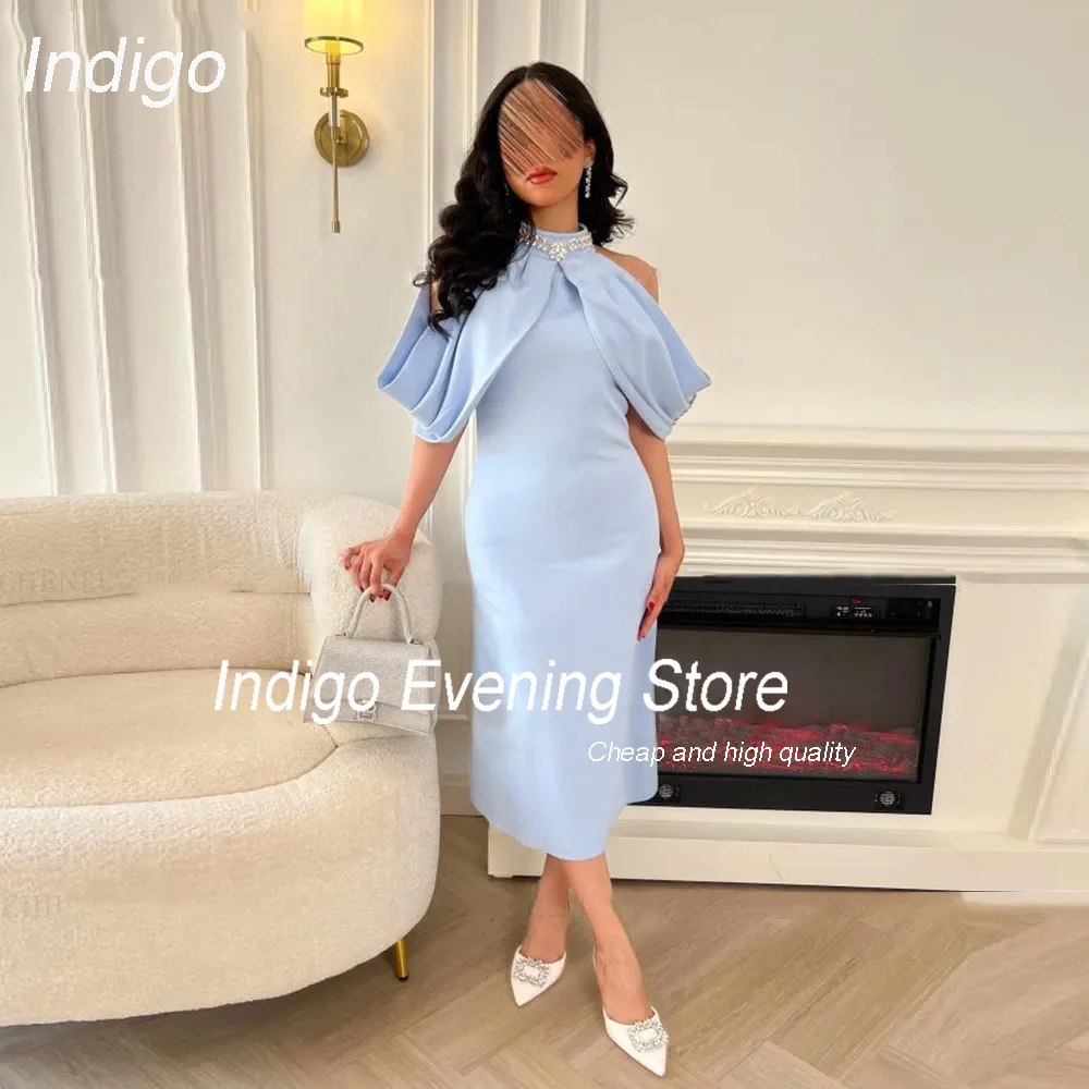 Robe de Soirée de Forme Sirène Indigo à Col Haut pour Femme, Tenue Formelle en Crêpe de Perles, sur Mesure, pour Bal de Promo