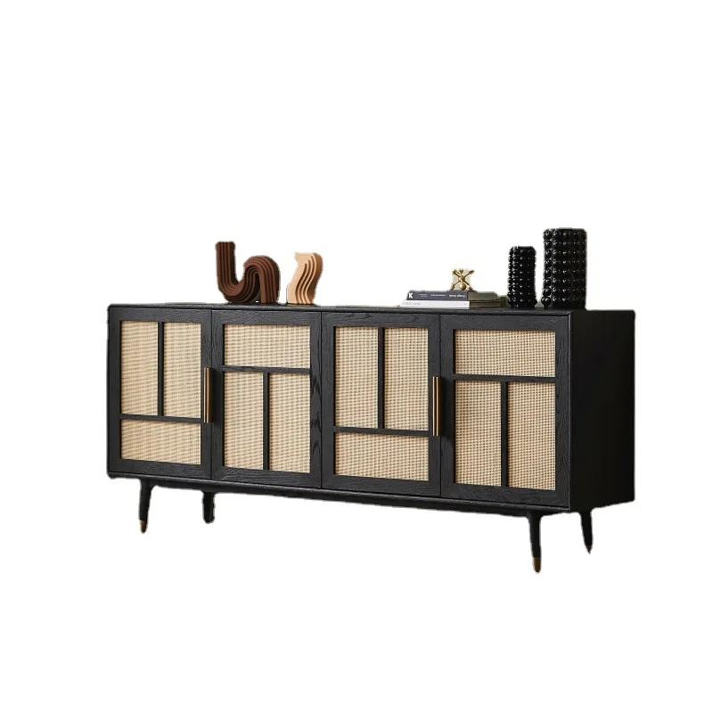 

Medieval style retro old solid wood black dining side cabinet Nordic B & B hotel double door cabinet rattan storage cabinet