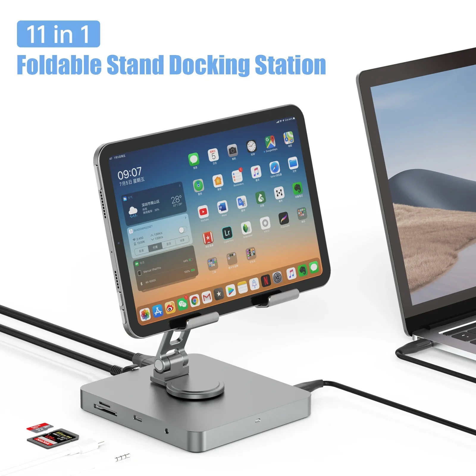 Multiport Type C Hub Tablet Charging Dock Station with Foldable Metal Kickstand for Ipad Pro Phone Stand Hub Apple Accessories