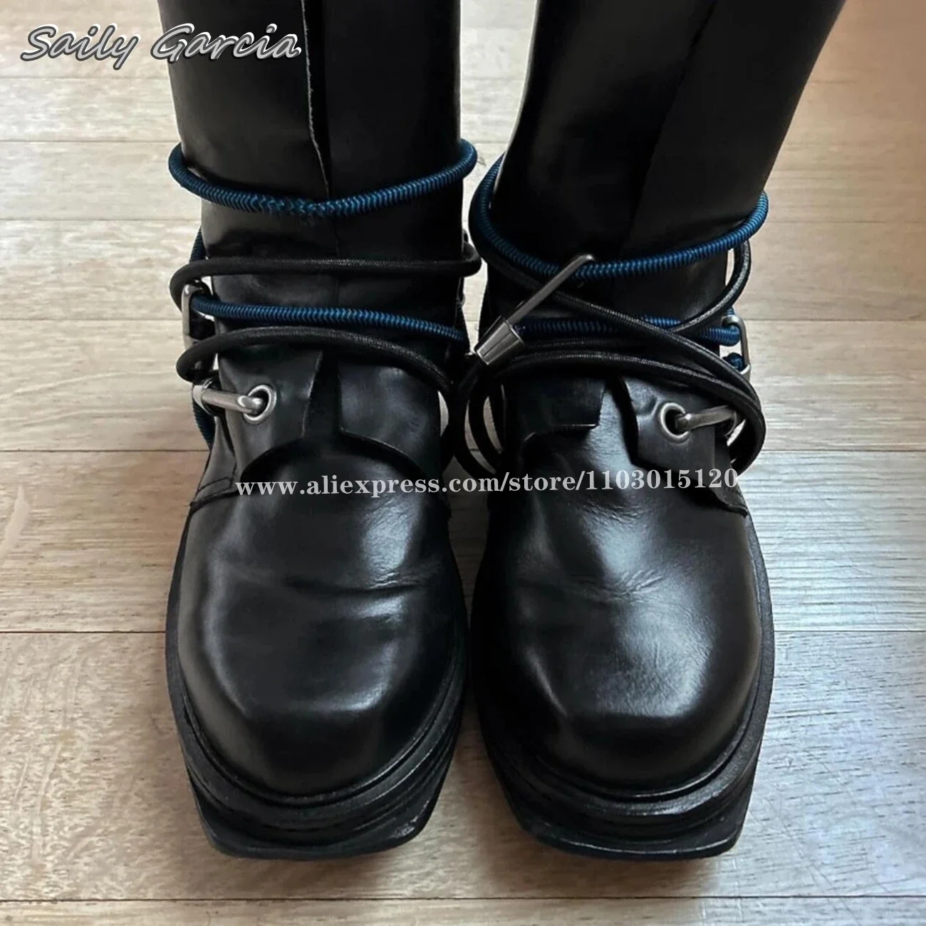 Black Matte Shoelaces Tangled Strange Heel Motorcycle Boots 2024 Large Size Y2k Catwalk Style Boots Round Toe All-Match Shoes