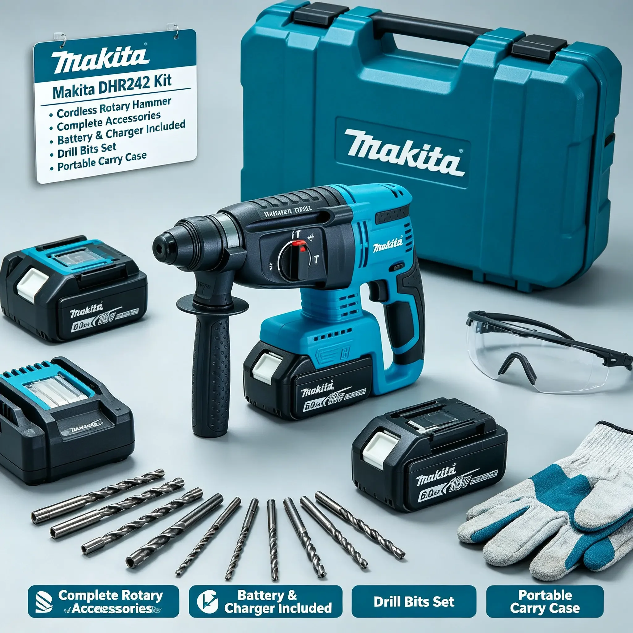 Image of Original Makita DHR242 18V Hochleistungs-Bohrhammer, 13,5 m/s² fein kalibrierte Vibrationsleistung, komfortable Handhabung für anhaltende Bohrarbeiten sowohl für Heimwerker als auch für Profis.