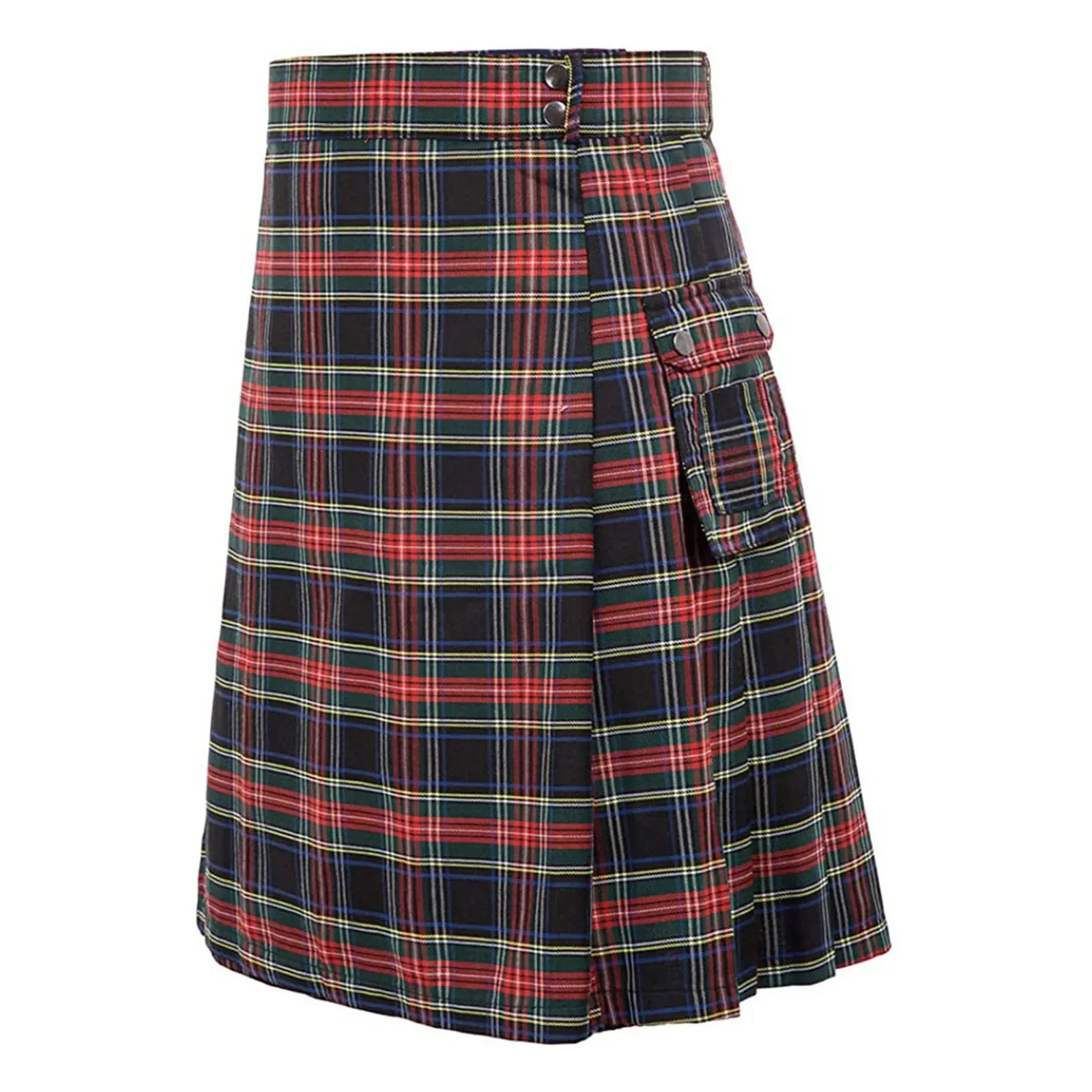 Men\'s Fashion Pleated Skirt Scottish Style Plaid Striped Waistband Contrast Color Pocket Kilt Sports Fillibeg Summer Philabeg