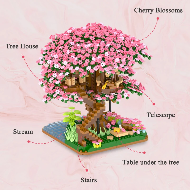 Sakura Flower Treehouse DIY Model Micro Building Block, decoraciones interiores, vista de calle creativa, ladrillo, flor de cerezo, juguete para