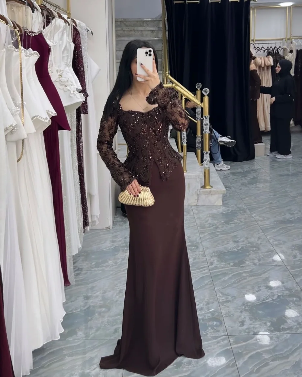 

Customized Chocolate Brown Jersey Pleat Beading Sequined Mermaid Square Neck Floor-Length Evening Dresses For Birthday Party
