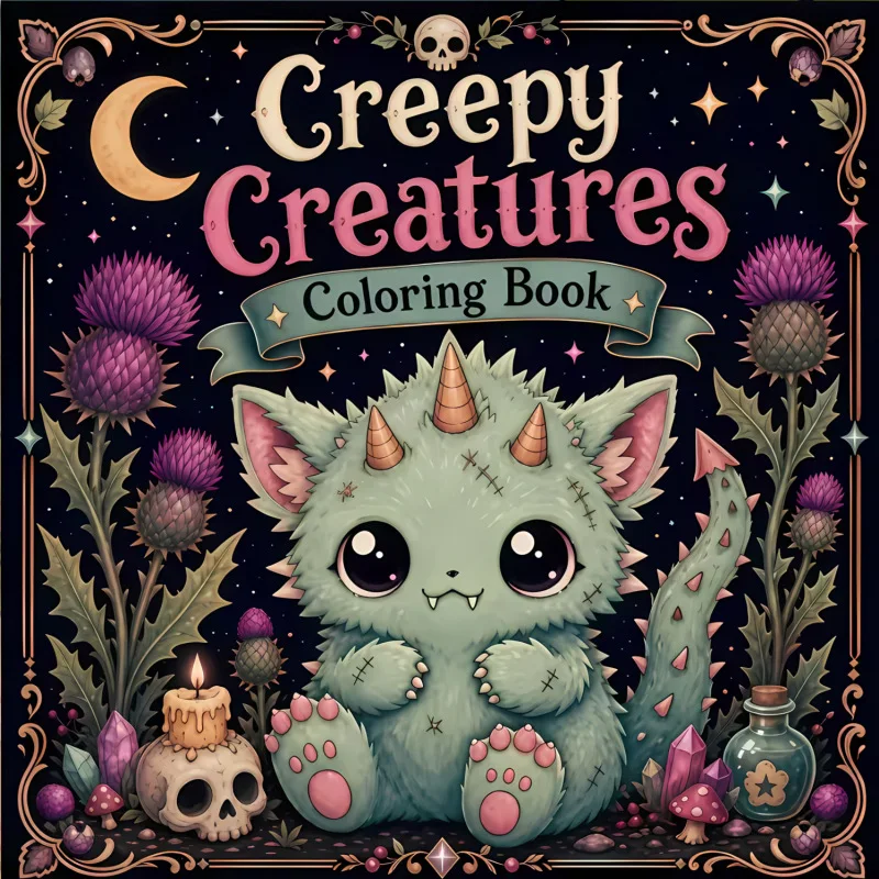 Creepy Creatures Coloring Book, Cute Spooky Monster Illustrations, Gothic Style Line Art for Stress Relief