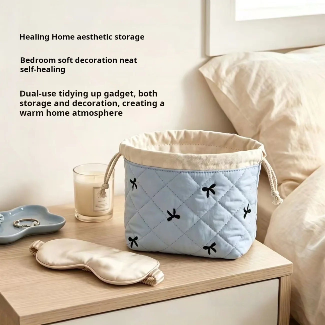 

Quilted Polyester Drawstring Storage Basket, Cute Bow Embroidery Aesthetic Organizer, Soft Bedroom Storage Bin for Cosmetics & S