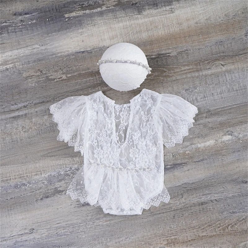 2 Pcs Newborn Photography Props Outfits Baby Lace Romper Headband Set Infants Photo  Bodysuit Jumpsuit Hair Band Dropshipping