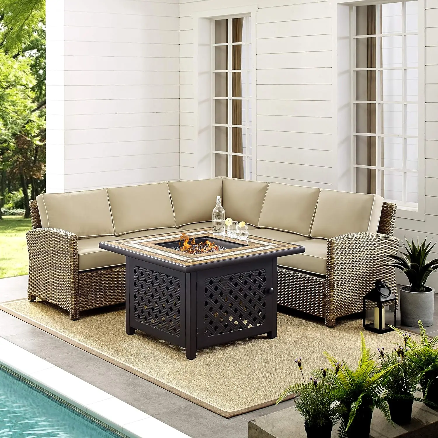 KO70157-SA Bradenton Outdoor Wicker 4-Piece Seating Set (2 Loveseats, Corner Chair, Tucson Fire Table)