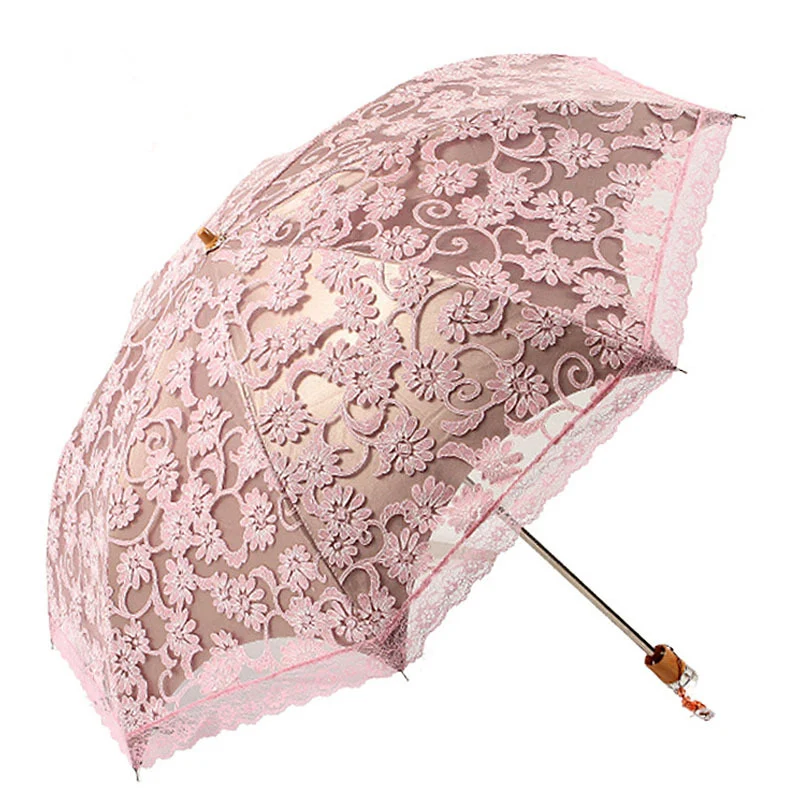 Lace Flower Woman Sun Umbrella Vintage Wedding Party Decor Sunshade UV Protection Wind Resistant Parasol 3 Fold Crystal Handle