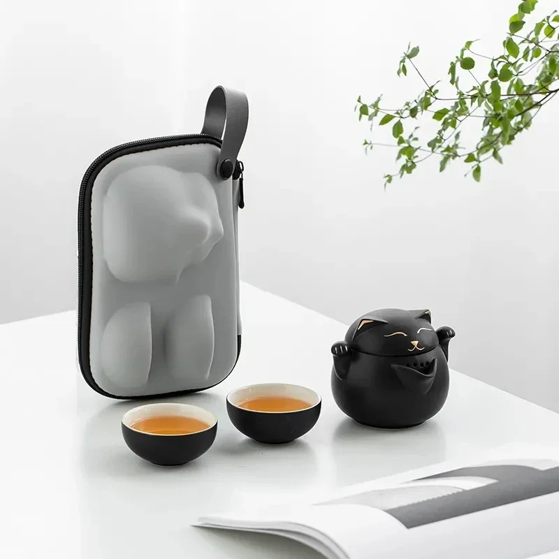 

Ceramic Teapot with 2 Cups Cute Cat Portable Travel Tea Sets