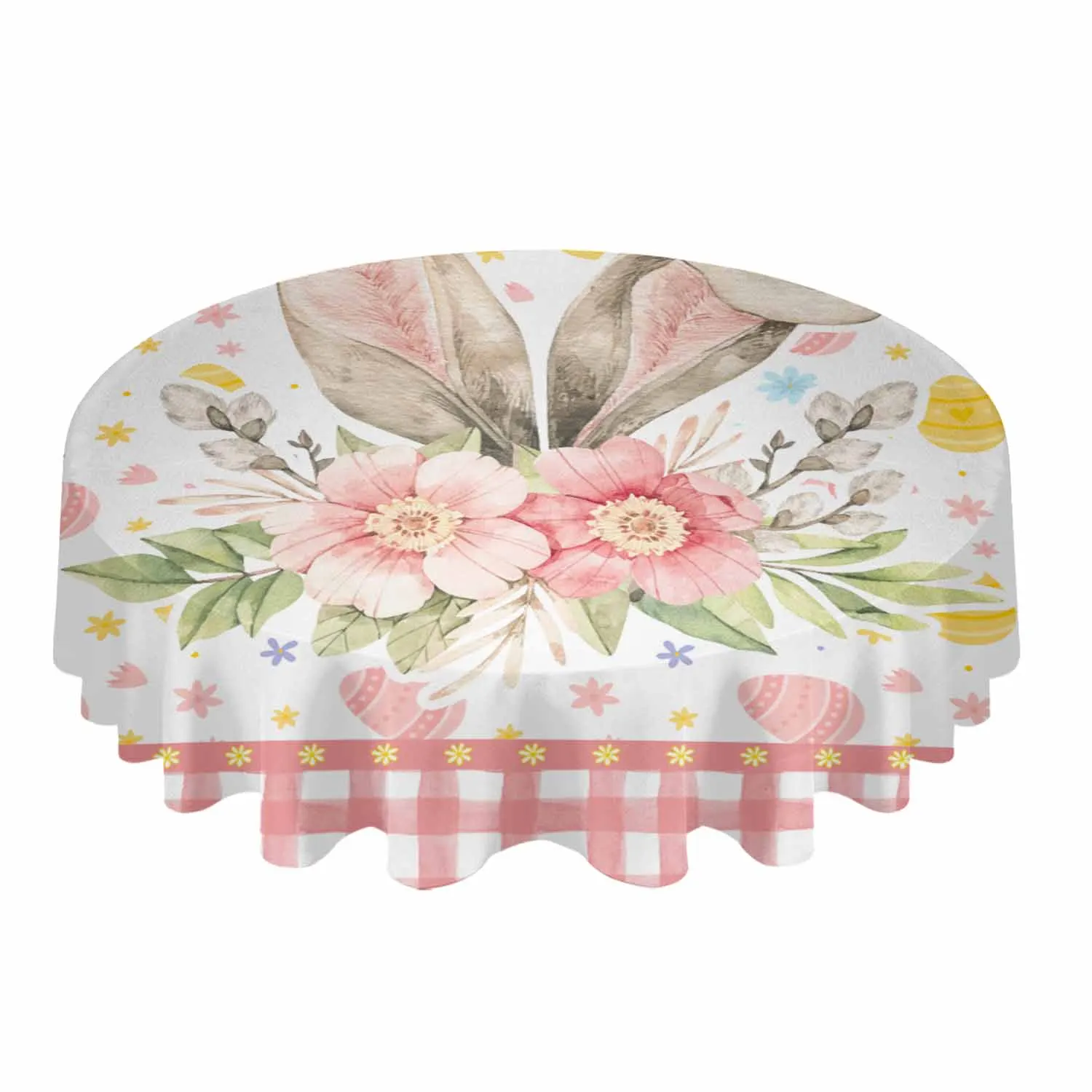 Easter Pink Checkered Egg Flower Rabbit Ears Waterproof Tablecloth Table Decoration Wedding Home Kitchen Dining Room Round Table