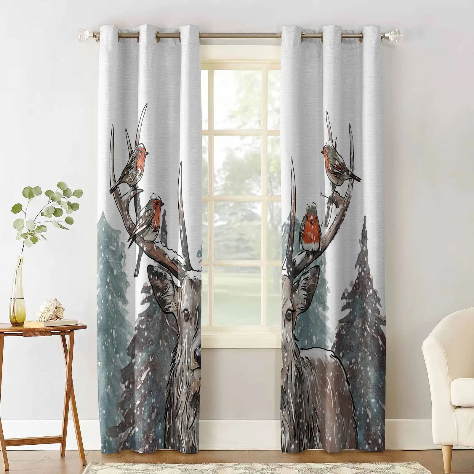 Christmas Snow Scene Hand Painted Deer Curtains for Living Room Bedroom Decorative Window Treatment Drapes Kitchen Curtains