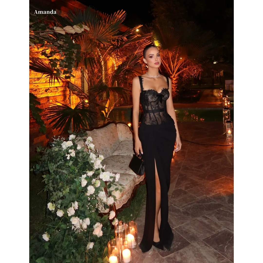 

Amanda Customized Black Spaghetti Strap Side Slit Prom Dress Strapless vestidos de noche Sleeveless Lace Formal Evening 2025