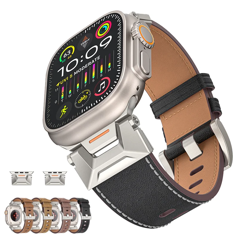 Correa de cuero para Apple Watch Ultra 2 Series 9 7 8 se 5 6 4 3 42 44mm, pulsera de lujo para iWatch ultra 49mm 45mm