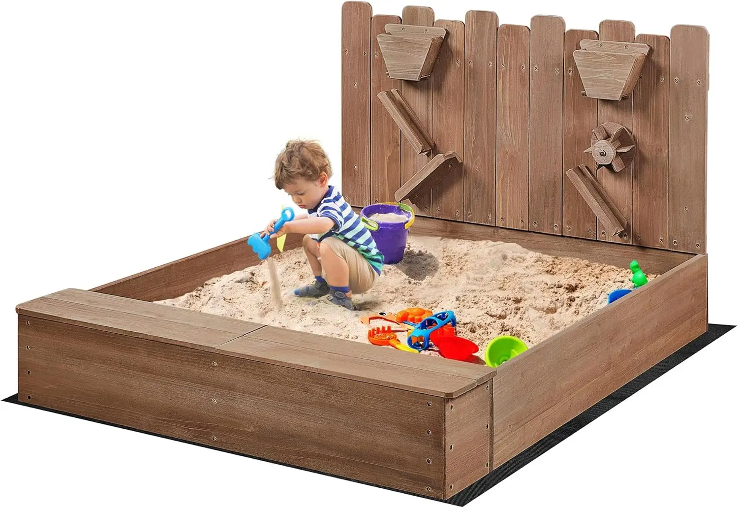 

53× 44.5in Wood Sand Box for Kids Ages 3-8, Sandboxes for Backyard Patio Garden Beach Outdoor Play Use, w/Fabric Liner Funnel Ch